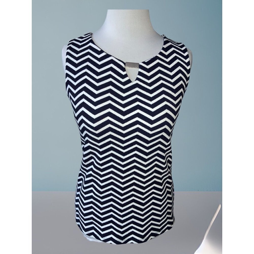 New Directions ladies petite navy white herringbone sleeveless pullover tunic PS